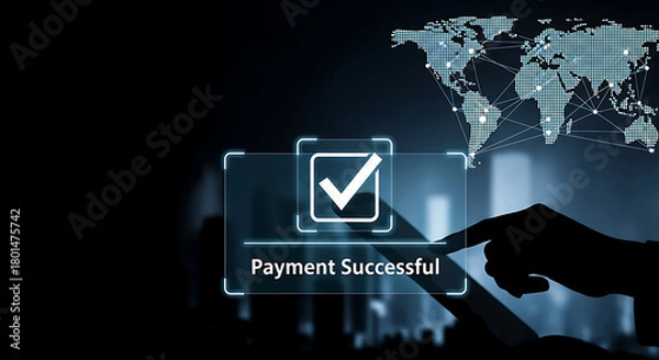 Fototapeta A hand touches a tablet displaying "Payment Successful" with a checkmark, overlaid on a world map.