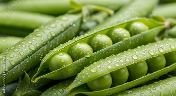 Fototapeta Fresh Green Peas in Pods - A Close-Up View with Water Droplets.