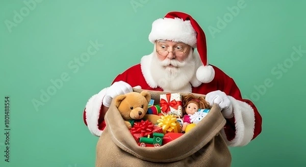 Fototapeta Santa Claus holding a sack full of Christmas presents and toys, including a teddy bear and dolls.