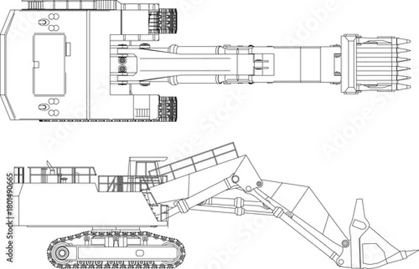 Obraz Technical vector drawing of a heavy tracked excavator or mining shovel in top-down plan and side elevation views.