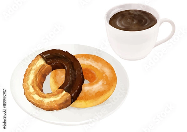 Obraz お皿に乗ったドーナツ2個とコーヒーのセット