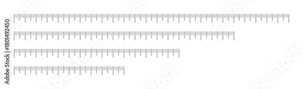 Fototapeta Ruler scale 100mm, 150 mm, 200mm and 250mm without numbers collection. Set of measuring chart with 10cm, 15cm, 20cm and 25 centimeters. Ruler scale template. Length measurement height, math, distance,