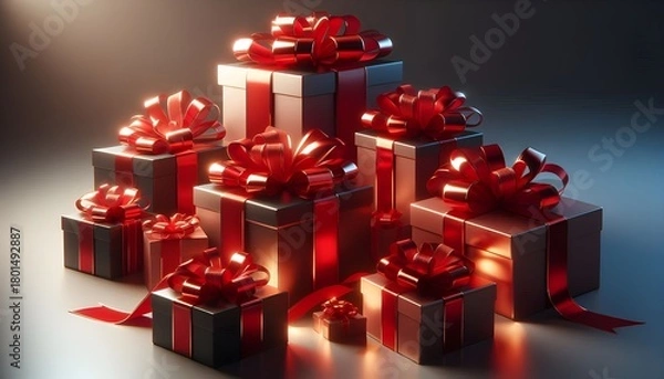Fototapeta Black silver gift boxes with red ribbons, festive holiday presents. AI Generated, Generative AI