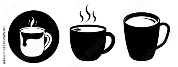 Fototapeta Collection of three black and white silhouette icons of steaming coffee cups, representing hot beverages and morning routines, isolated on