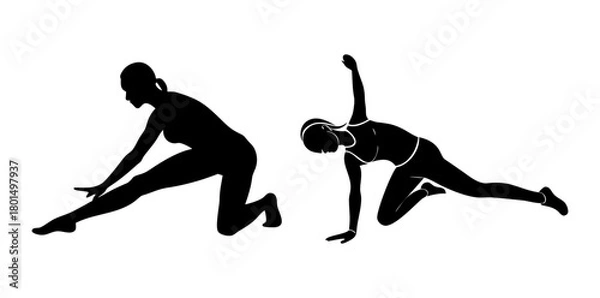 Obraz Two black silhouette female figures in yoga or stretching poses isolated on