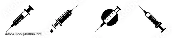 Fototapeta Collection of four black syringe icons isolated on, representing medical treatment, vaccination, and healthcare