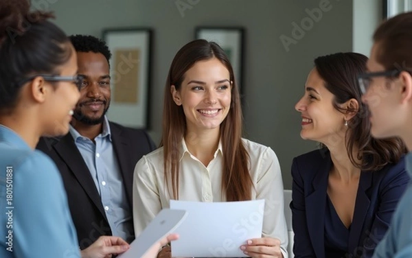 Obraz Smiling female leader, coach holding briefing for multiracial team interns in office, teaching students, plan to subordinates. Businesswoman at company meeting with diverse colleagues. High quality