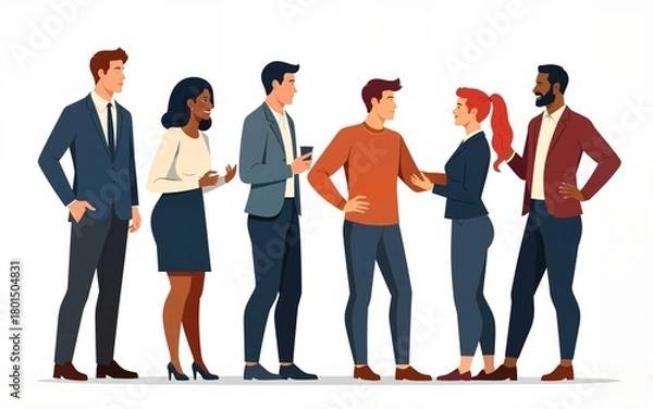 Obraz Different business team members standing, talking, communicating, taking part in business activities, meeting, brainstorming, coffee break. Multiracial people vector illustrations isolated.