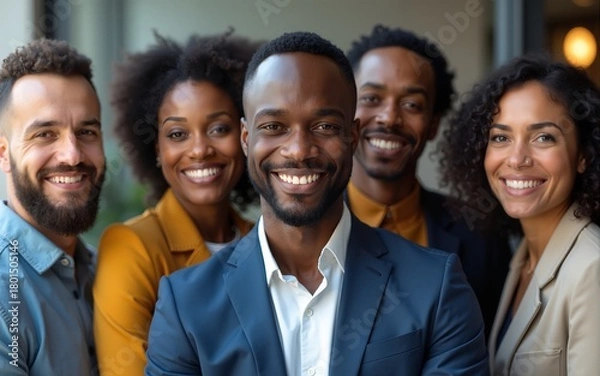 Fototapeta Successful diverse business team portrait. African American businessman leader smiles with colleagues. Corporate people group together. Teamwork, partnership, confident, pro. High quality