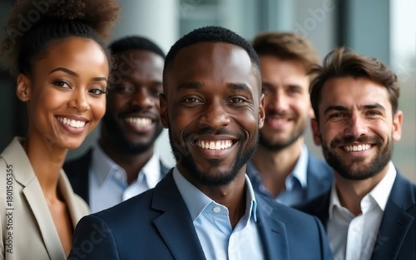 Obraz Successful diverse business team portrait. African American businessman leader smiles with colleagues. Corporate people group together. Teamwork, partnership, confident, pro. High quality