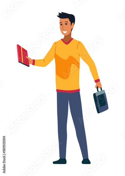 Fototapeta Planning talking concept. Business meeting and events organizing process office working. Vector illustration with man character