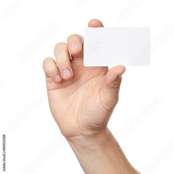 Fototapeta Hand holding a Business Card: A hand gracefully presents a blank business card, symbolizing potential and opportunity. Perfect for your design and message.