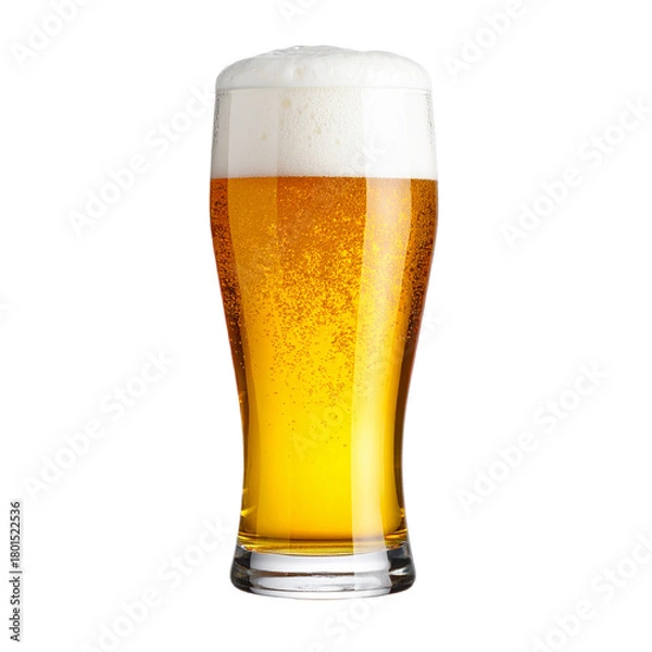 Obraz Golden Brew: A tall, slender glass overflows with a light, effervescent ale, its frothy head gently cascading over the rim, promising a refreshing and satisfying experience. 