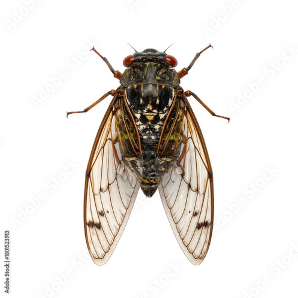 Fototapeta Cicada Detail: A captivating top-down view of a cicada showcases its intricate patterns, delicate wings, and mesmerizing red eyes, offering a glimpse into the beauty of insect life.