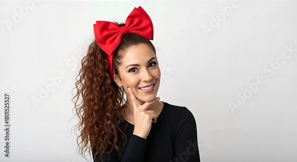 Obraz A young woman with curly brown hair tied in a high ponytail, wearing a large red bow on her head and a black top, smiles gently while touching her cheek.