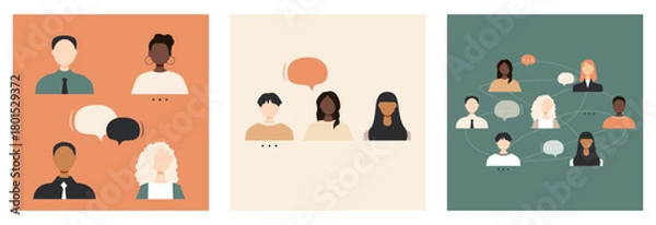 Obraz Different people with chat bubbles card set. Communication concept.	