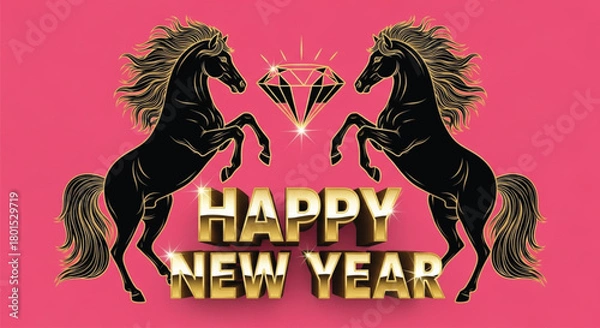 Fototapeta A illustration showcases a golden 'Happy New Year' greeting, flanked by two rearing horses and a diamond, all set against a vibrant pink backdrop. Festive and celebratory.