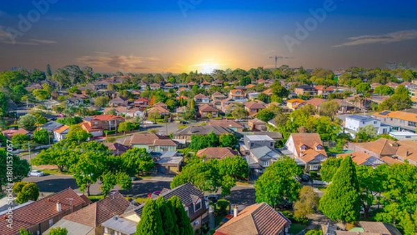 Fototapeta Aerial Panorama Drone View of a inner western Sydney Suburb of Ashbury Urban Sprawl and the terracotta roof tops streets and trees of Suburban Sydney  NSW Australia