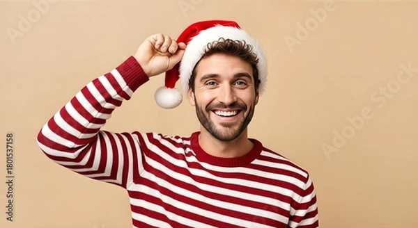 Obraz A smiling man wearing a Santa hat and a striped sweater, posing for a festive holiday photo.
