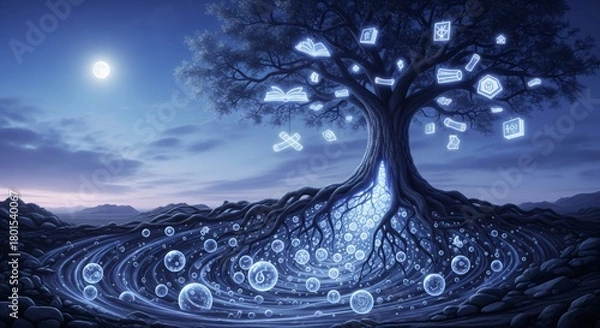 Obraz Glowing Tree of Knowledge with Technology Symbols at Night