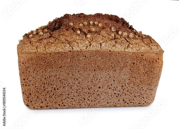 Fototapeta Sprouted buckwheat bread with coriander on a white background. A loaf of buckwheat bread.