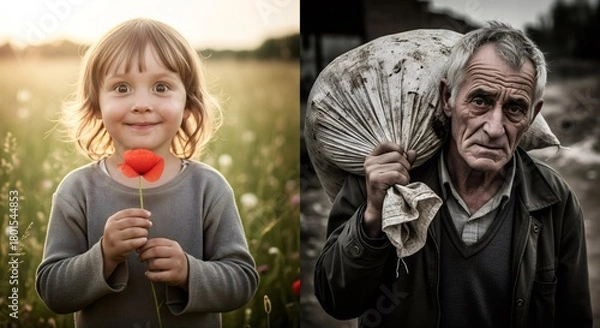 Fototapeta Child with flower, Man carrying sack in field show the cycle of life