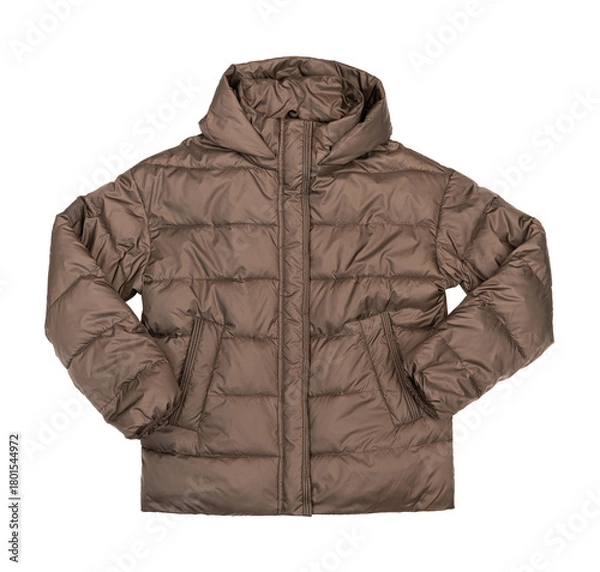 Fototapeta Brown puffer jacket with a high collar and zipper, isolated on a white background. Ready for use in winter fashion, clothing store, e-commerce, and seasonal advertising.	