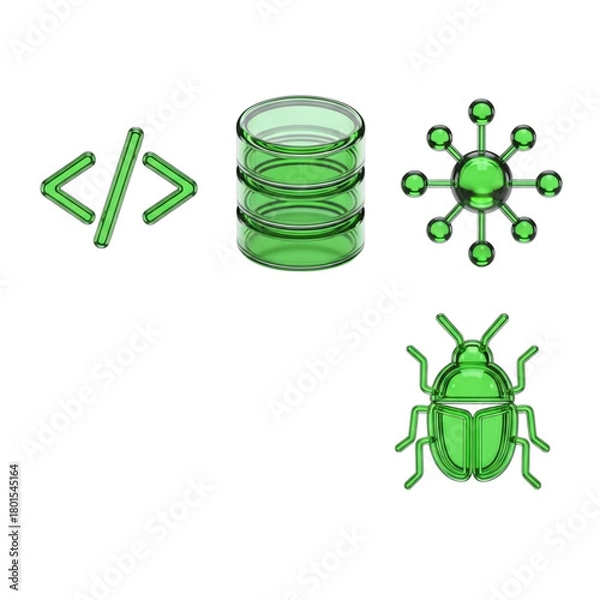 Obraz Green technology and programming icons code, database, network, bug isolated on transparent background