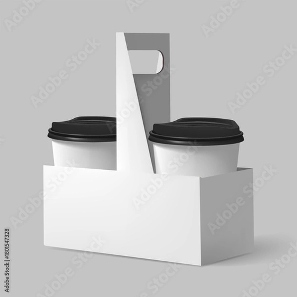 Obraz Takeaway drink holder with a cut-out handle. Coffee cups in a carry-on box. Realistic vector mockup for branding. Design template.