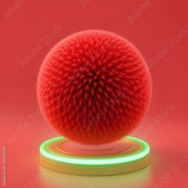 Obraz Red fuzzy sphere stacked on a neon green ring, soft tactile fibers.