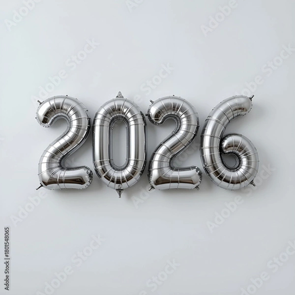 Obraz Minimal silver 2026 digits shaped as metallic balloons, smooth reflective surfaces.