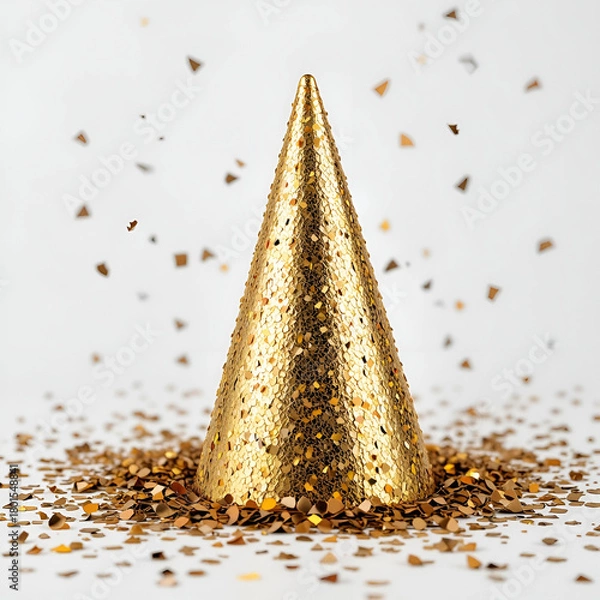 Obraz Stylish golden party hat with scattered confetti, festive celebratory composition.
