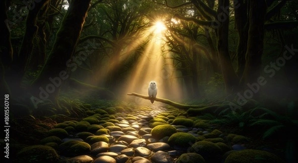 Obraz Sunlit Owl Perched on Branch in a Mystical Forest at Dawn