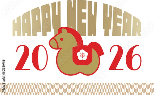 Obraz 午年のベクター年賀状、かわいい馬の置物、金と赤	