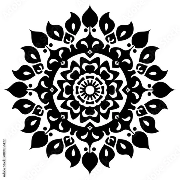Fototapeta Ornate Mandala Design: A symmetrical, black and white mandala, a symbol of wholeness and spiritual harmony, radiating intricate floral patterns and geometric precision.