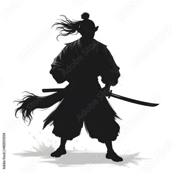 Fototapeta Silent Warrior: An imposing silhouette of a solitary samurai stands ready, a katana at his side, embodying the quiet strength and discipline of an ancient warrior. 