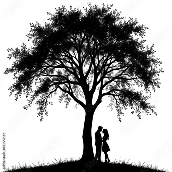 Fototapeta Eternal Silhouette: A tender moment of affection unfolds beneath the boughs of an ancient tree, silhouetting a couple's intimate embrace against a backdrop of nature's timeless elegance.