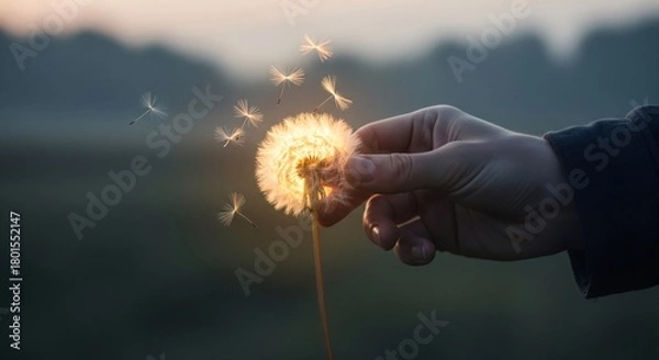 Obraz Hand holds a dandelion seed head, seeds blowing in a misty field.