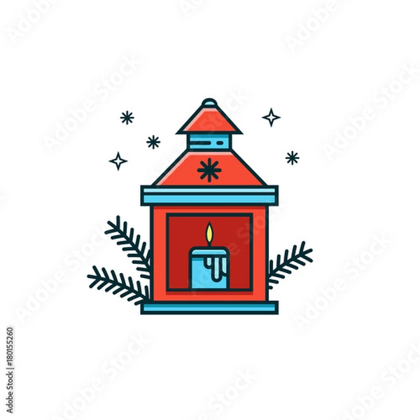 Fototapeta Lantern with candle and pine branches. Xmas traditional lamp. Christmas and New Year flat color line icon on isolated background.