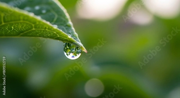 Obraz Water droplet clings to tip of green leaf in lush garden, close-up.