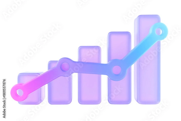 Obraz A 3d rendered bar graph showing upward trend with a colorful gradient line connecting the bars, , transparent background