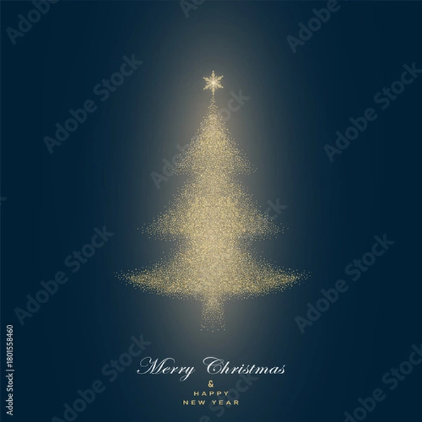 Fototapeta Greeting card with gold glitter Christmas  tree on dark green background. Vector illustration. Gold pattern