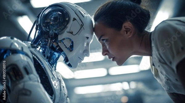 Obraz Woman and Robot Face to Face Intense Interaction in Futuristic Laboratory