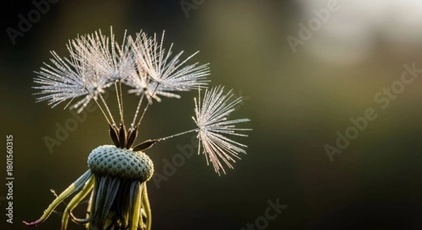 Obraz Dandelion seeds clinging to the core against a blurred background at dawn.