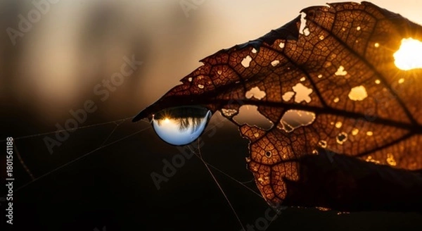 Obraz Morning Dew Drop on Autumn Leaf Reflecting Sunrise in Nature