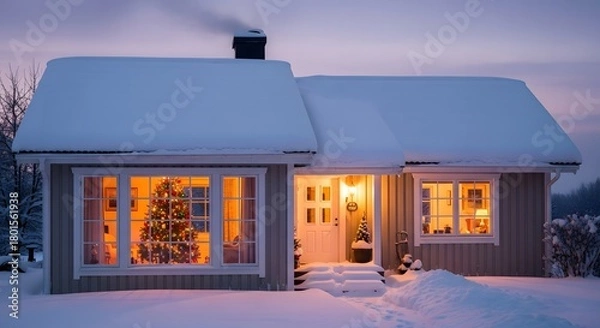 Obraz A cozy, snow-covered house with a Christmas tree visible through the window, illuminated warmly.