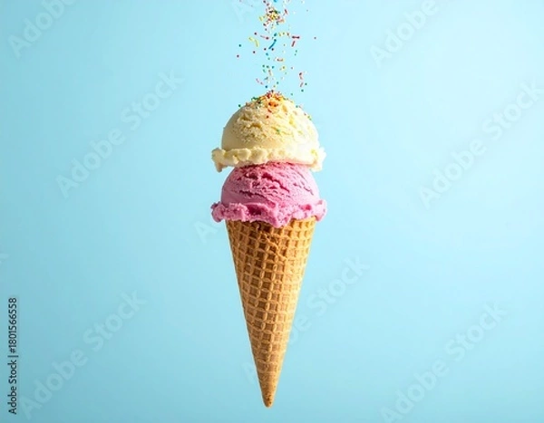 Obraz A close-up, eye-level shot of a single, empty waffle cone suspended horizontally.