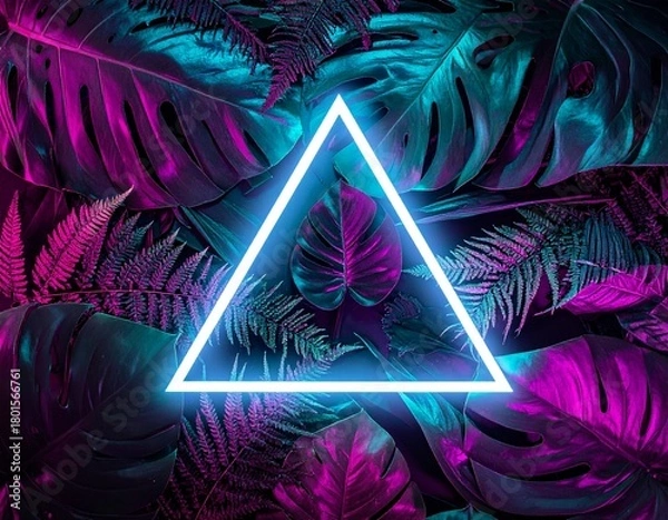 Fototapeta A dense arrangement of exotic tropical leaves, including monstera and ferns, bathed in dramatic neon lighting with vibrant pink and teal hues.