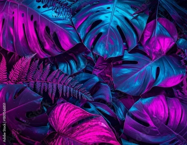 Fototapeta A dense, overhead arrangement of lush tropical leaves, including monstera and ferns, bathed in vibrant pink and teal neon light