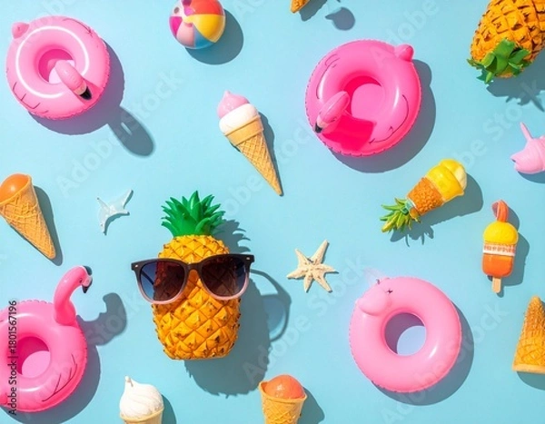 Fototapeta A playful, top-down flat lay pattern of miniature summer vacation icons like tiny inflatable flamingos, sunglasses, ice cream cones, and pineapples, arranged evenly on a pastel blue background.
